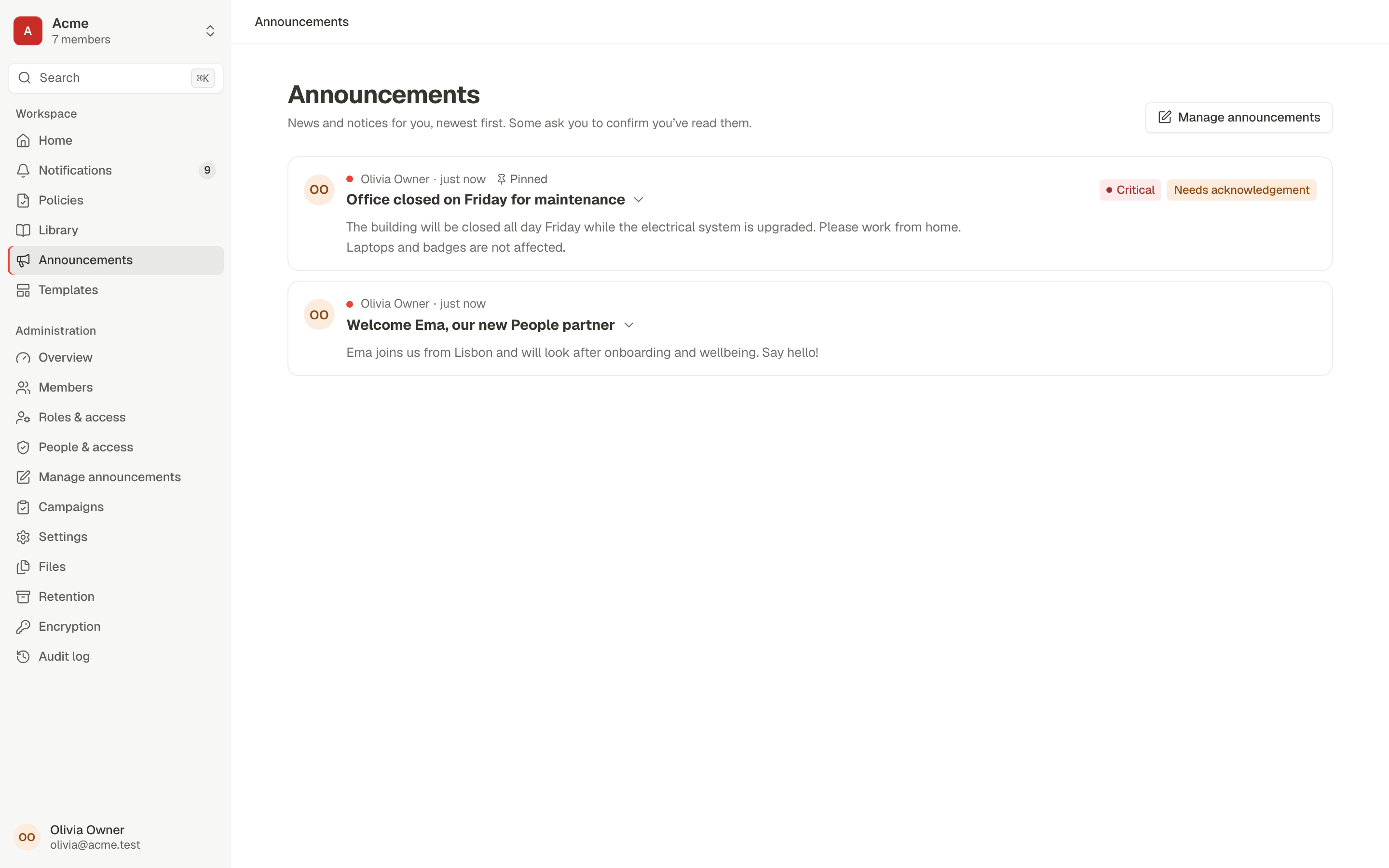 The announcements feed with a pinned critical post that needs acknowledgement and a welcome post