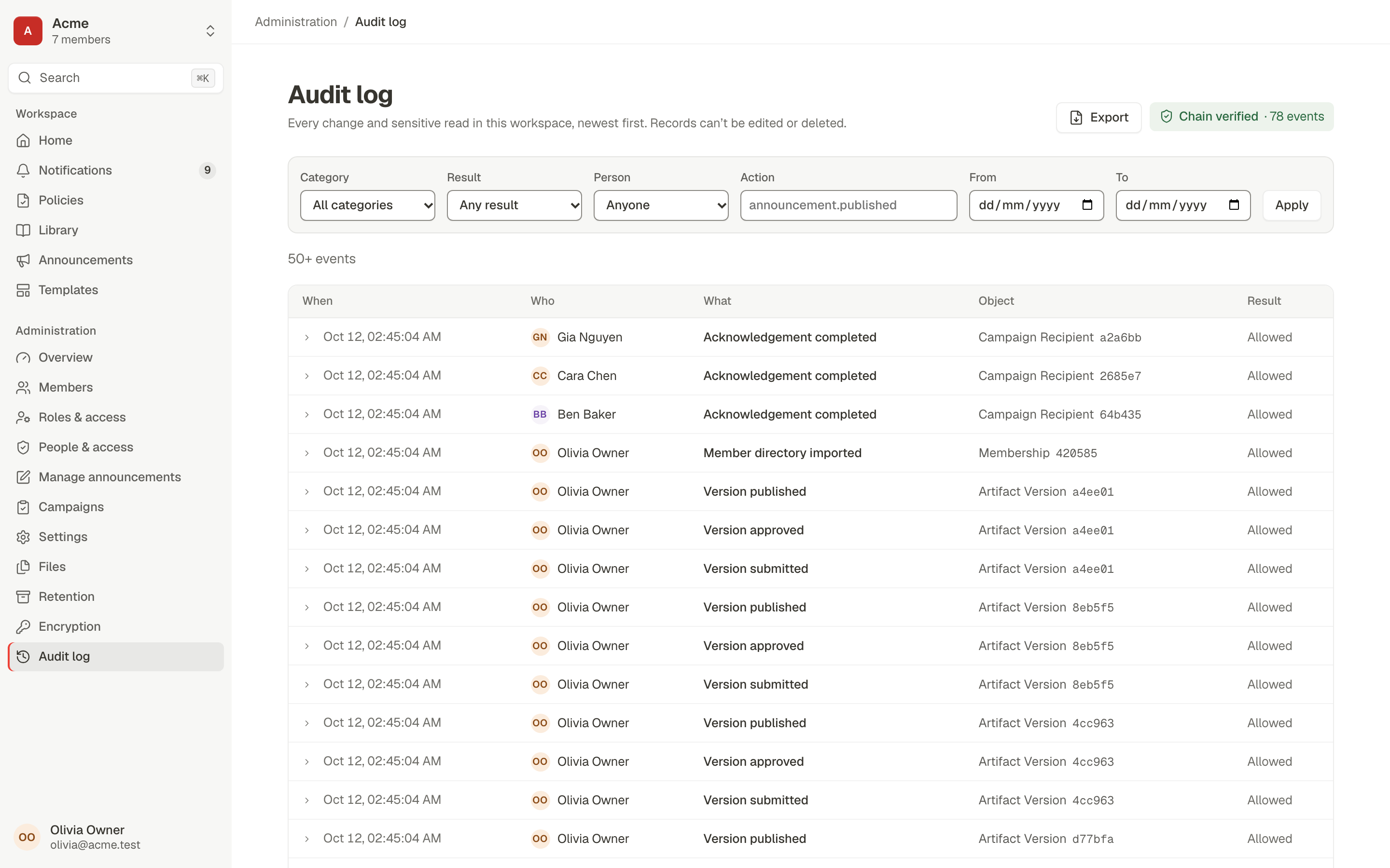 The audit log with filters for category, result, person and dates, a Chain verified badge with 78 events, and a list of who did what to which object