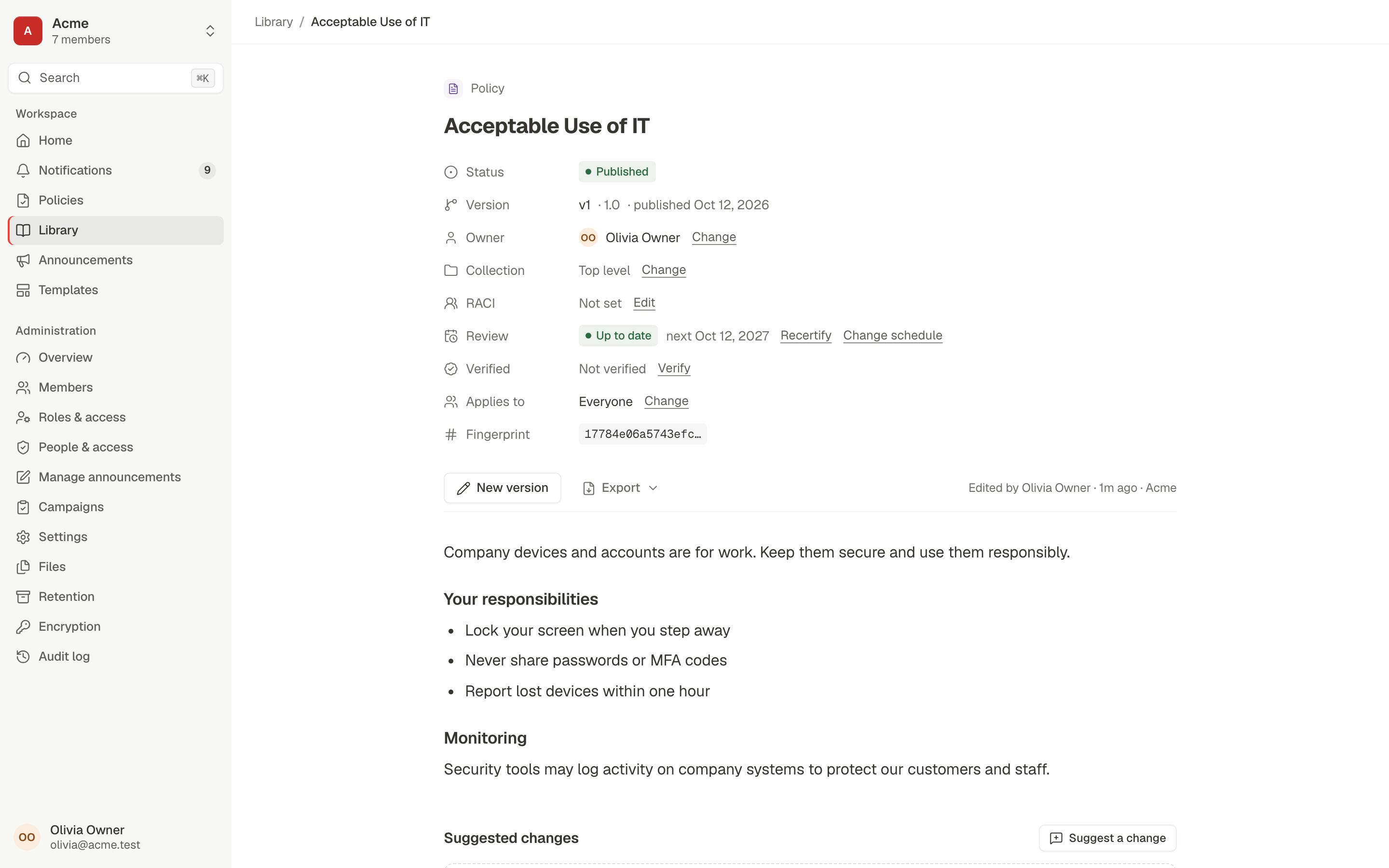 A published policy, Acceptable Use of IT, with its status, version, owner, review date, applicability and content fingerprint above the policy text