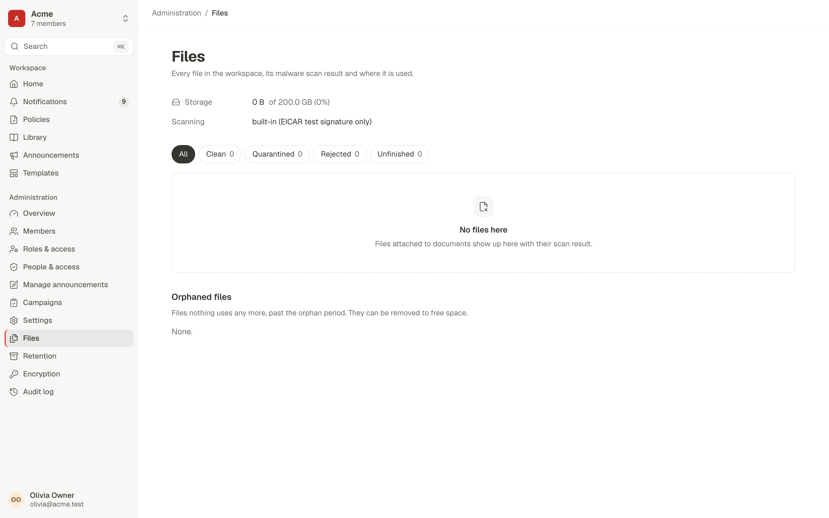 The Files admin view showing storage use against the quota, the malware scanner in use, scan-state filters and orphaned files