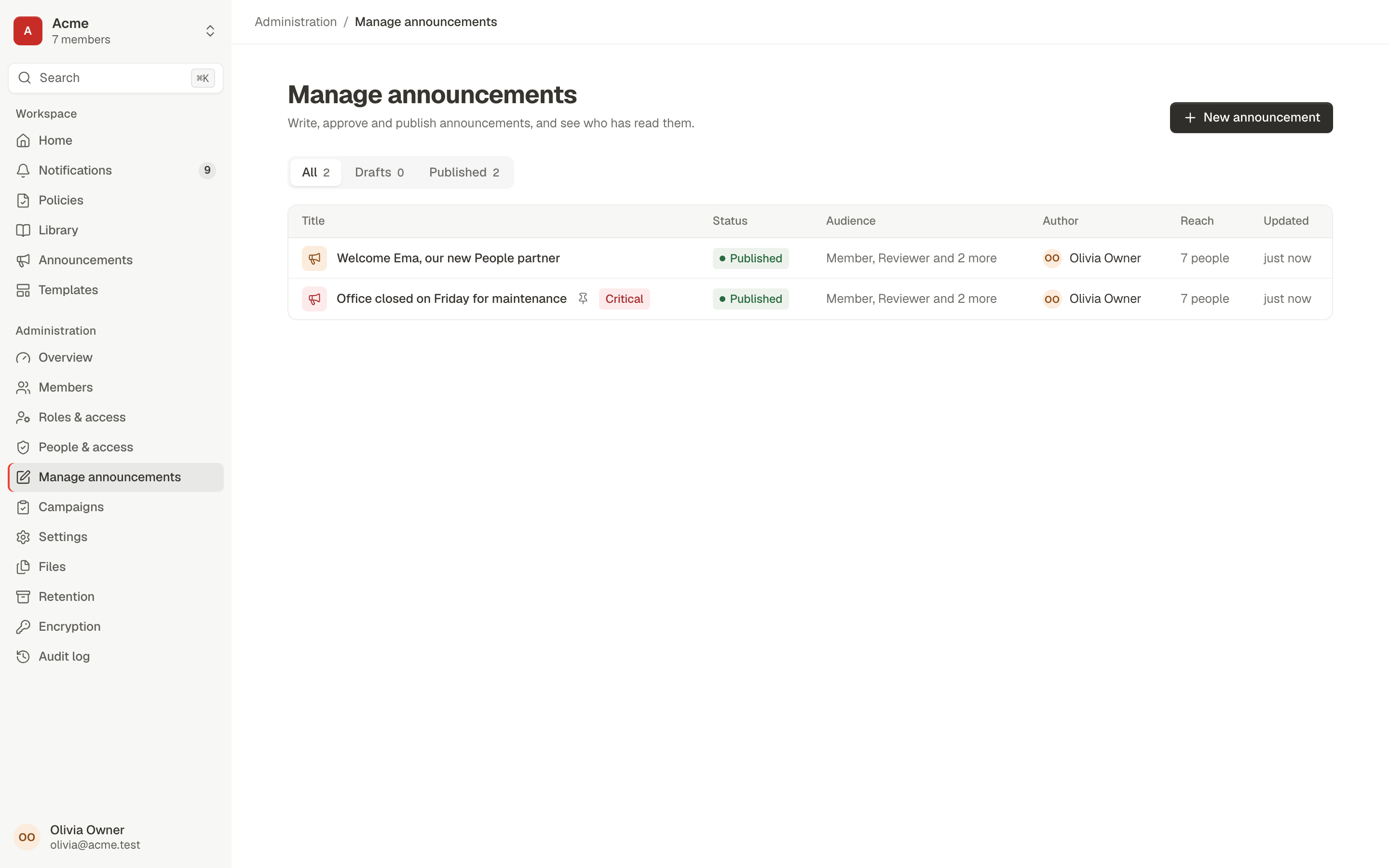 Manage announcements: a table of posts with status, audience, author and reach