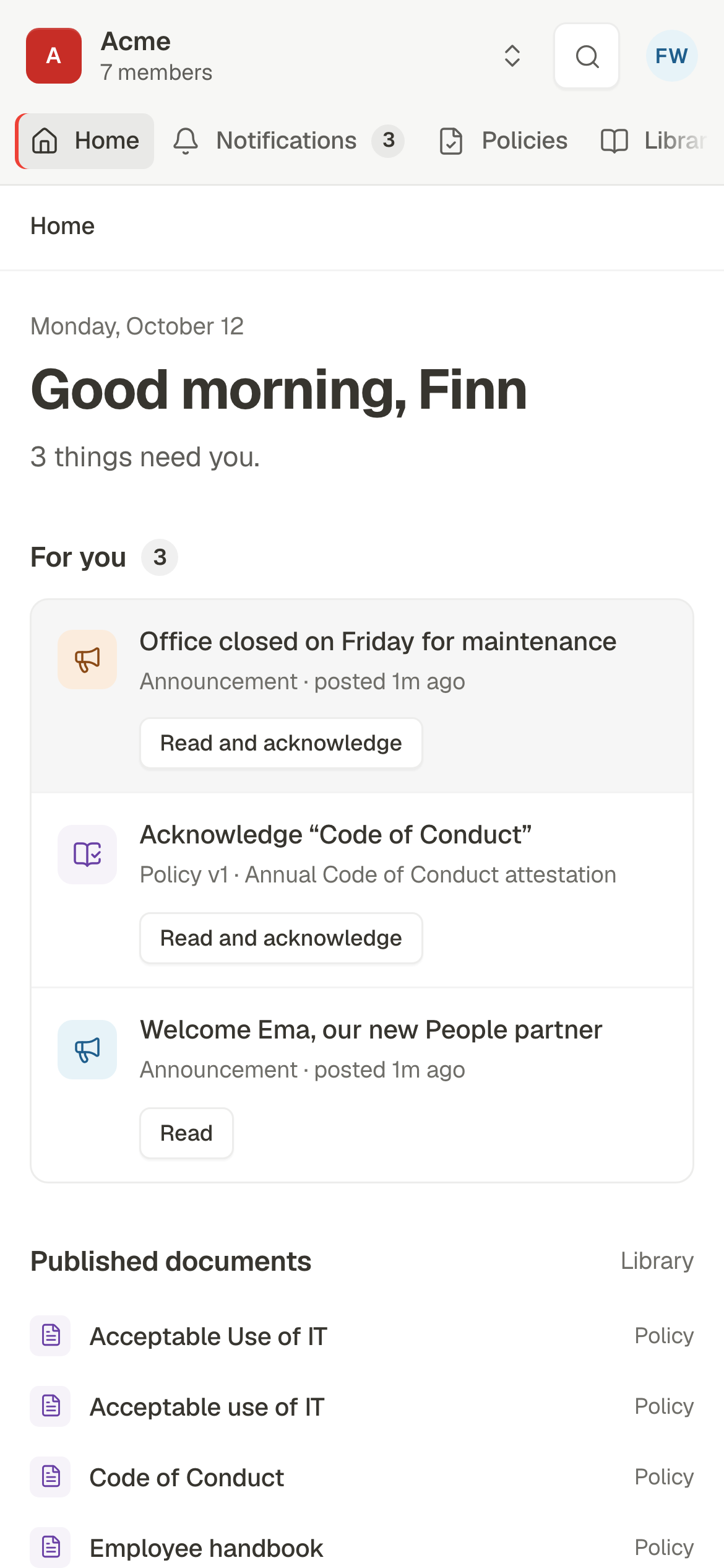 Procera on a phone: Home lists an announcement and a policy to read and acknowledge