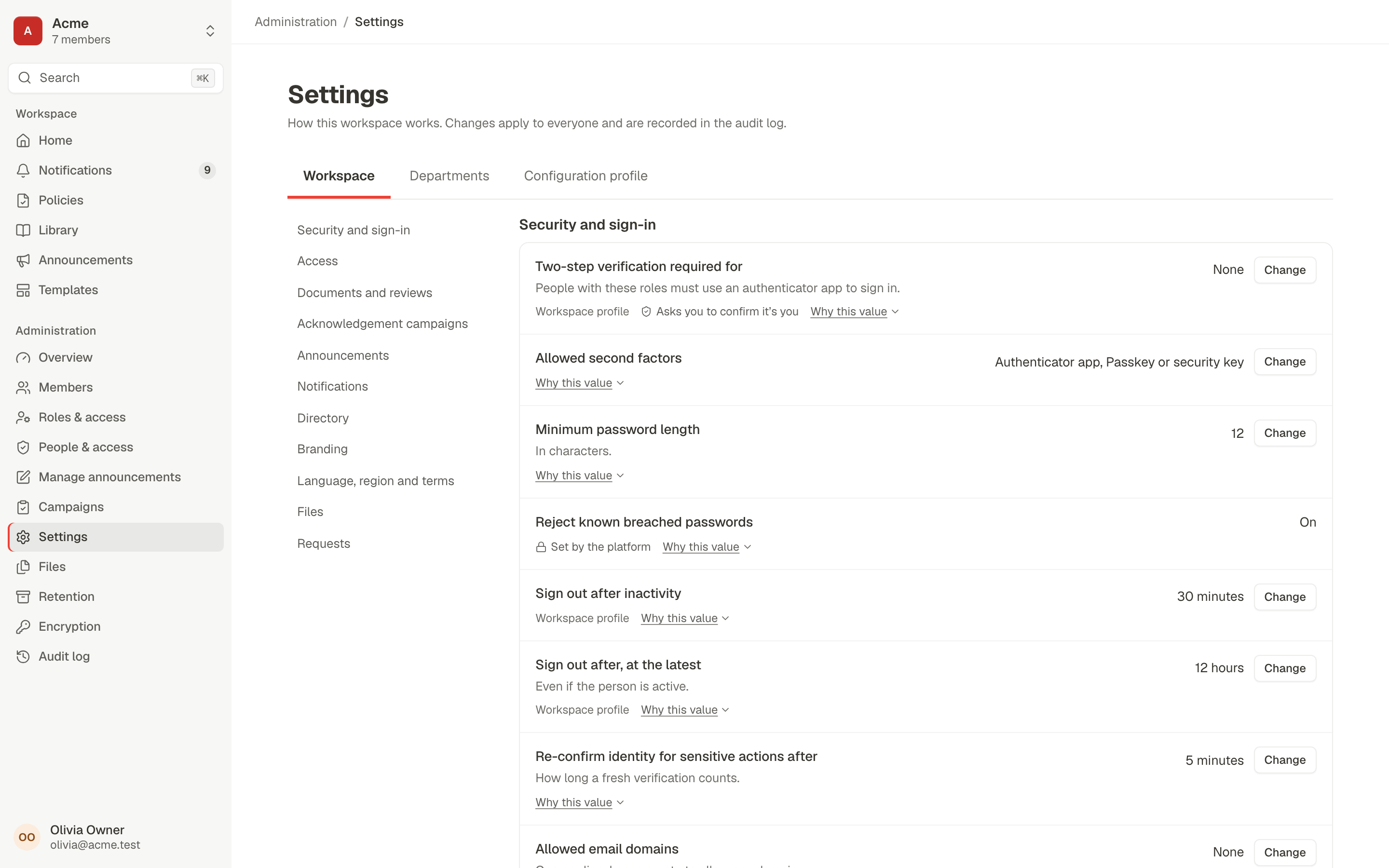 Workspace settings for security and sign-in, each value with its source and a Why this value explainer
