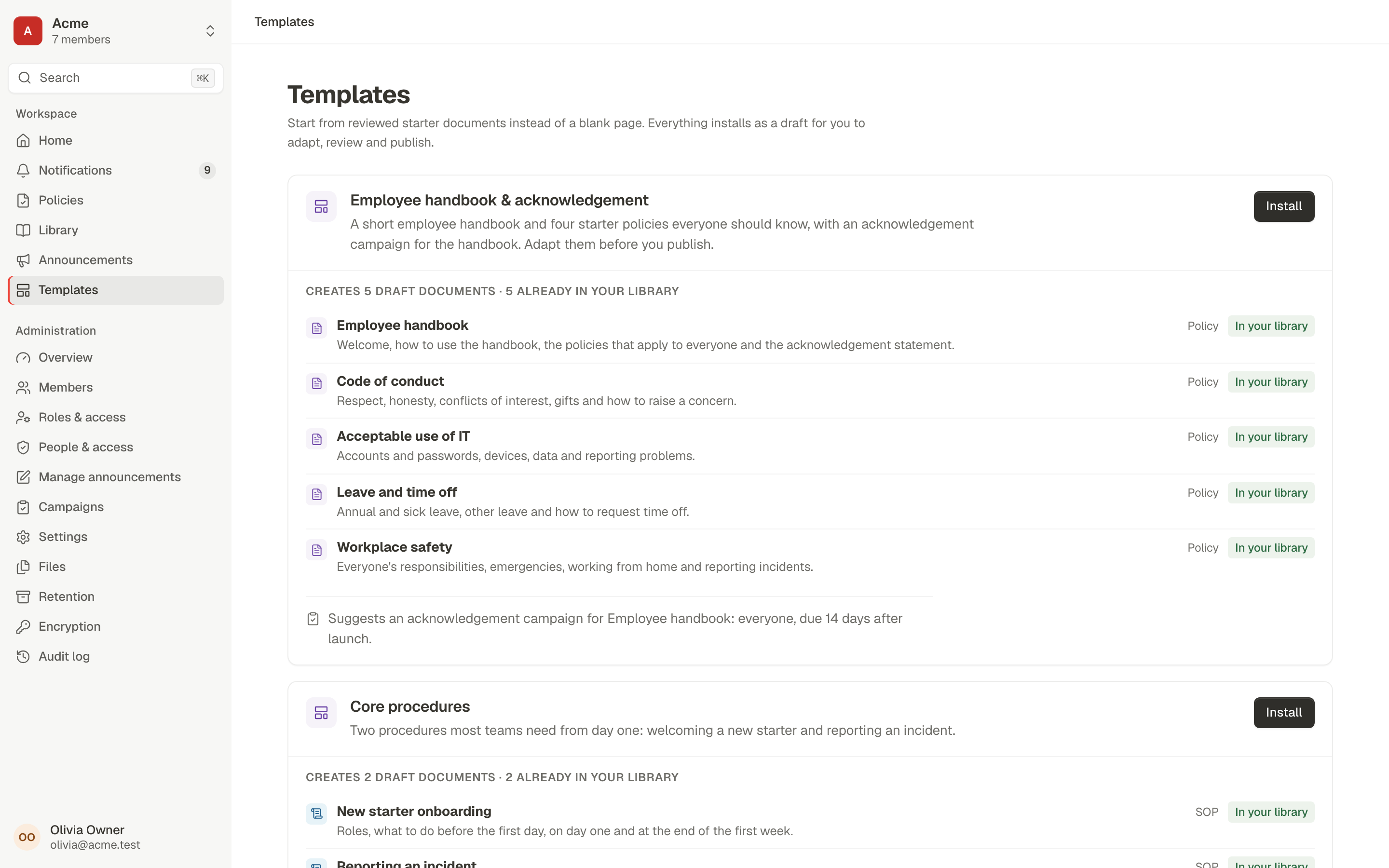 Templates: the Employee handbook and acknowledgement pack, which installs five draft policies and suggests an acknowledgement campaign