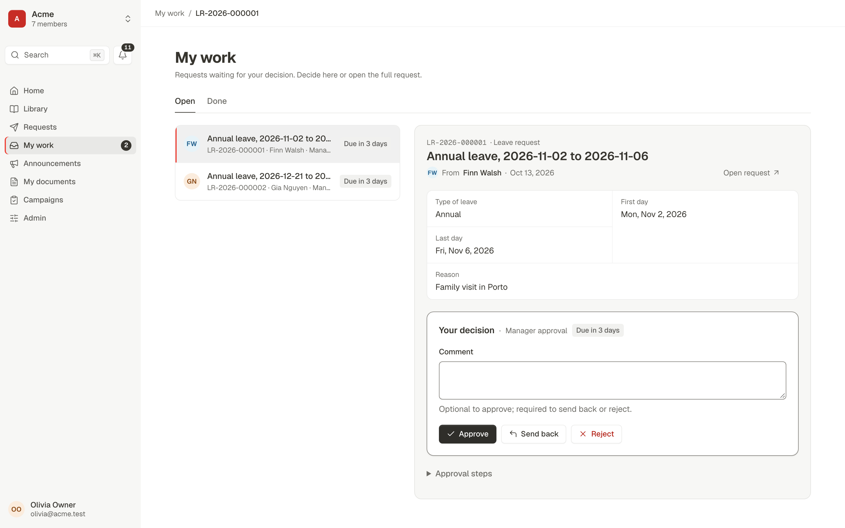 My work: open approvals on the left; the selected leave request with its details and Approve, Send back and Reject